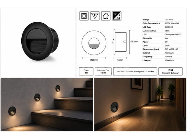 10 x led trapverlichting 3w – 3000k warm wit - rond – zwart – ip54 – icon-r - afbeelding 5 van  5