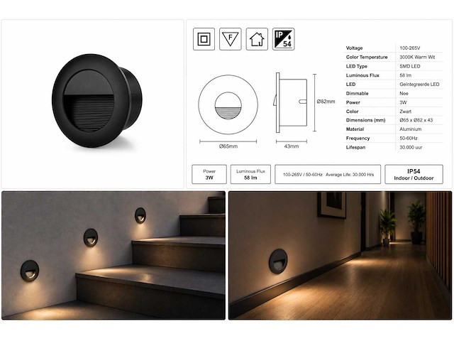 10 x led trapverlichting 3w – 3000k warm wit - rond – zwart – ip54 – icon-r - afbeelding 4 van  4