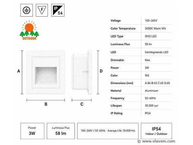 10 x led trapverlichting 3w – 3000k warm wit - vierkant – wit – ip54 – icon-s - afbeelding 4 van  5