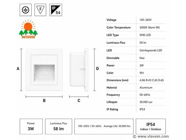 10 x led trapverlichting 3w – 3000k warm wit - vierkant – wit – ip54 – icon-s - afbeelding 4 van  5