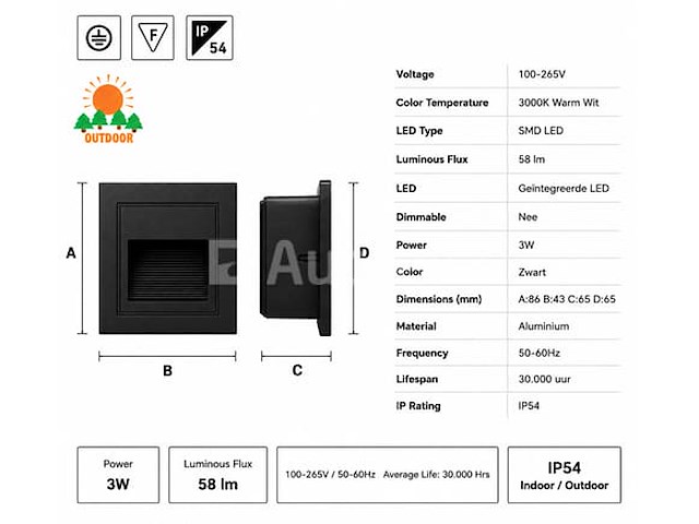 10 x led trapverlichting 3w – 3000k warm wit - vierkant – zwart – ip54 – icon-s - afbeelding 3 van  5