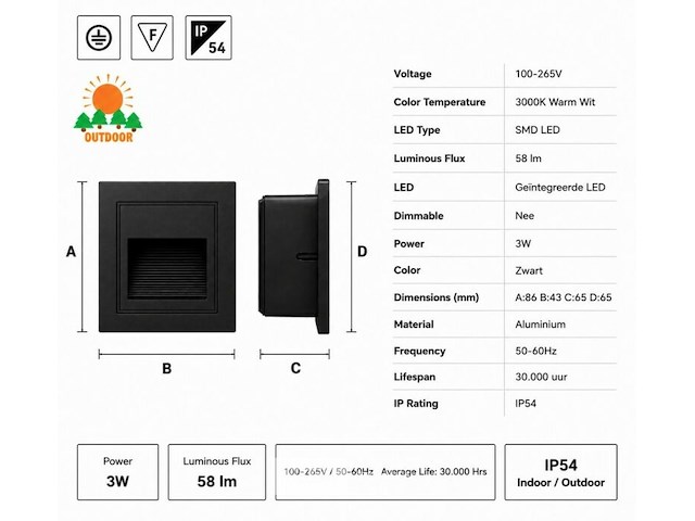10 x led trapverlichting 3w – 3000k warm wit - vierkant – zwart – ip54 – icon-s - afbeelding 5 van  6