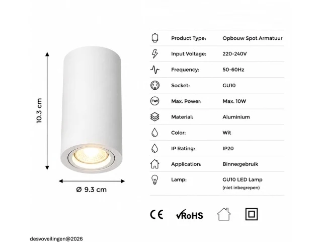 10 x opbouw spot armatuur – gu10 – wit – ip20 – frezya-r - afbeelding 4 van  6
