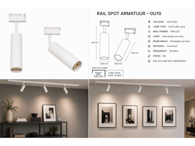 10 x rail spot armatuur – gu10 – wit – ip20 – londra-g - afbeelding 5 van  5