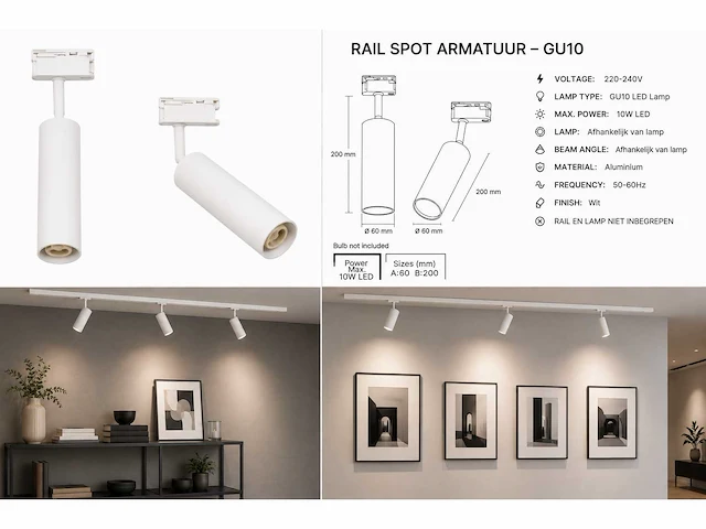 10 x rail spot armatuur – gu10 – wit – ip20 – londra-g - afbeelding 5 van  5