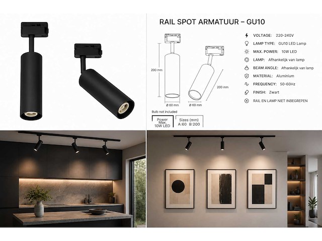 10 x rail spot armatuur – gu10 – zwart – ip20 – londra-g - afbeelding 5 van  5