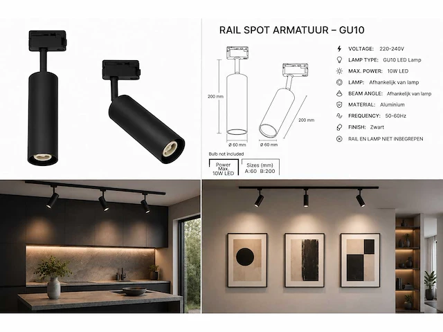 10 x rail spot armatuur – gu10 – zwart – ip20 – londra-g - afbeelding 5 van  5