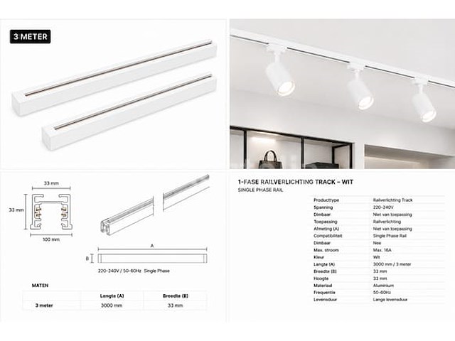 10 x railverlichting track – 1 fase – 3 meter – wit - lighting track - afbeelding 5 van  5