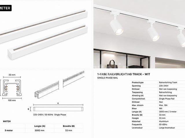 10 x railverlichting track – 1 fase – 3 meter – wit - lighting track - afbeelding 2 van  5