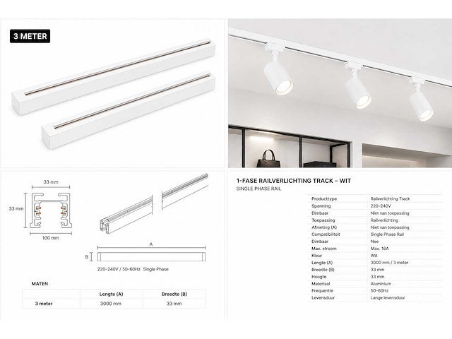 10 x railverlichting track – 1 fase – 3 meter – wit - lighting track - afbeelding 4 van  4