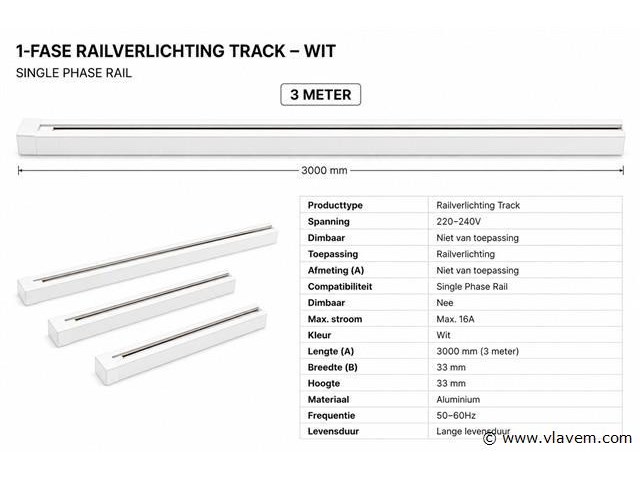 10 x railverlichting track – 1 fase – 3 meter – wit - lighting track - afbeelding 4 van  5
