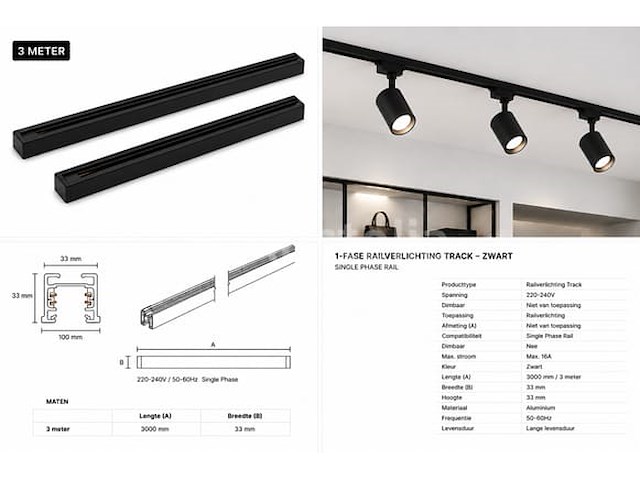10 x railverlichting track – 1 fase – 3 meter – zwart - lighting track - afbeelding 5 van  5