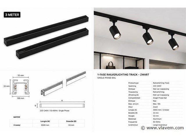 10 x railverlichting track – 1 fase – 3 meter – zwart - lighting track - afbeelding 5 van  5