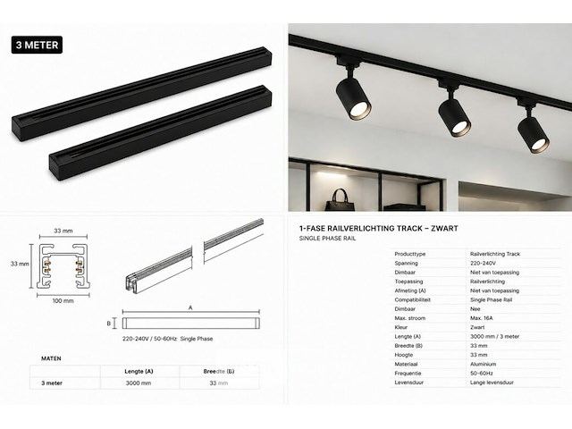 10 x railverlichting track – 1 fase – 3 meter – zwart - lighting track - afbeelding 6 van  6