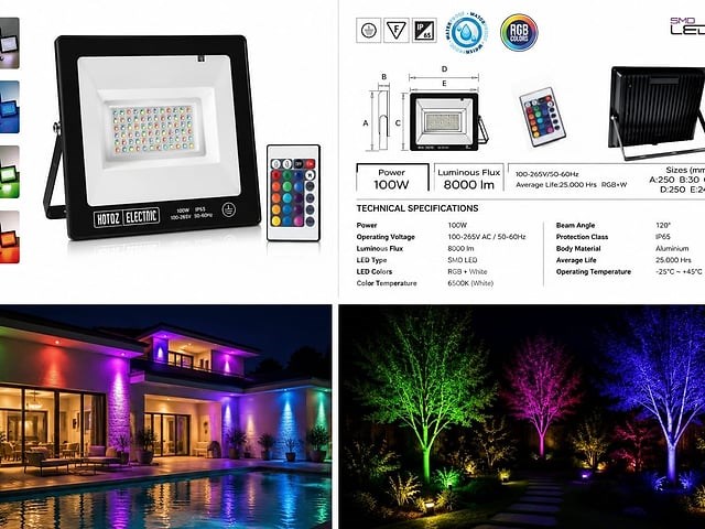 10 x rgb led floodlight 100w - zwart – ip65 – remix-100 - afbeelding 1 van  5