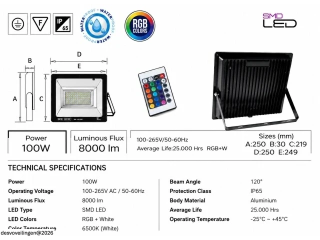 10 x rgb led floodlight 100w - zwart – ip65 – remix-100 - afbeelding 5 van  6