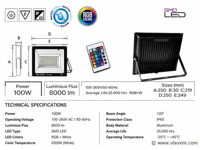 10 x rgb led floodlight 100w - zwart – ip65 – remix-100 - afbeelding 4 van  5