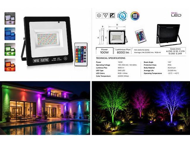 10 x rgb led floodlight 100w - zwart – ip65 – remix-100 - afbeelding 5 van  5