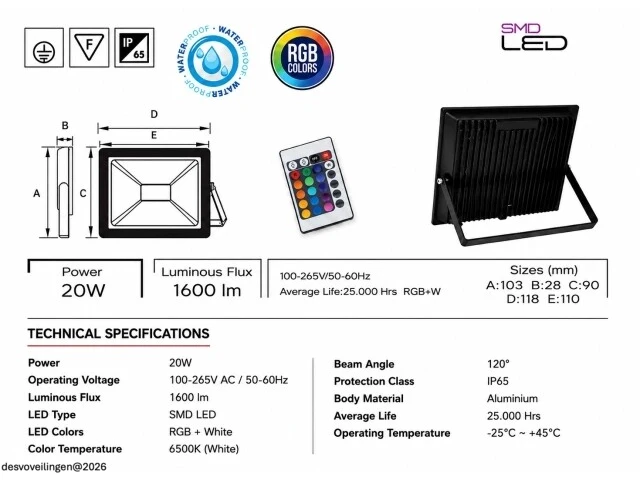 10 x rgb led floodlight 20w - zwart – ip65 – remix-20 - afbeelding 5 van  6
