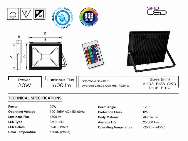 10 x rgb led floodlight 20w - zwart – ip65 – remix-20 - afbeelding 4 van  5