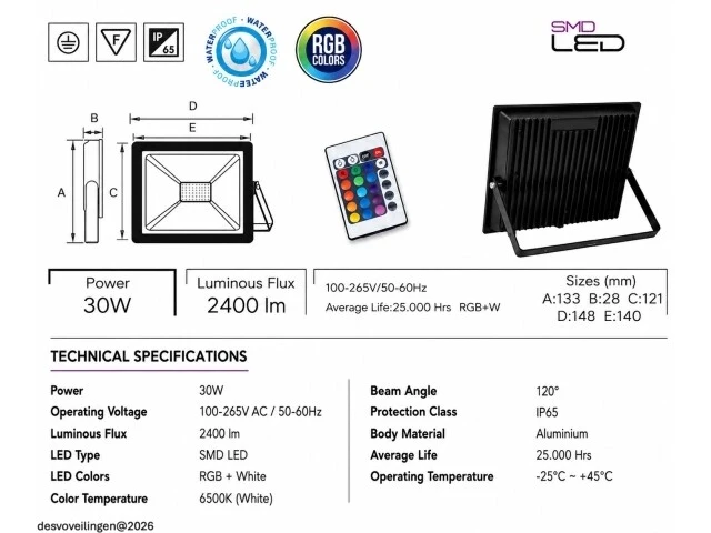 10 x rgb led floodlight 30w - zwart – ip65 – remix-30 - afbeelding 5 van  6