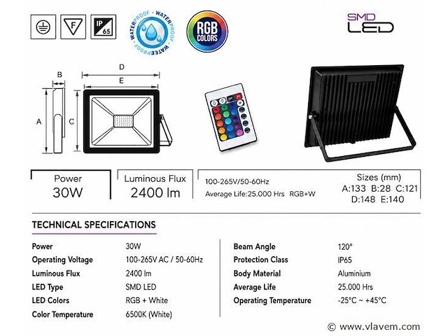 10 x rgb led floodlight 30w - zwart – ip65 – remix-30 - afbeelding 4 van  5