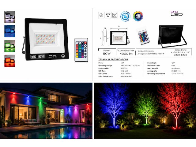 10 x rgb led floodlight 50w - zwart – ip65 – remix-50 - afbeelding 4 van  4