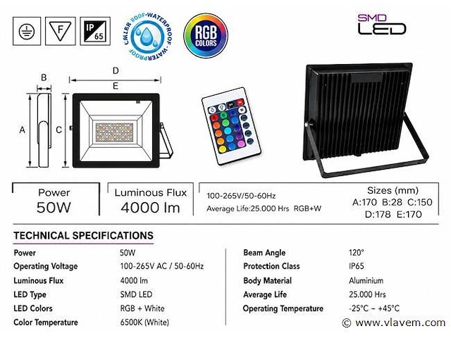 10 x rgb led floodlight 50w - zwart – ip65 – remix-50 - afbeelding 4 van  5