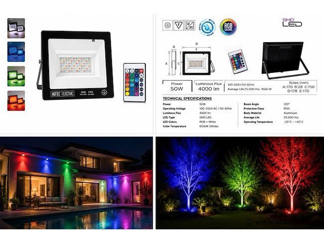10 x rgb led floodlight 50w - zwart – ip65 – remix-50 - afbeelding 5 van  5
