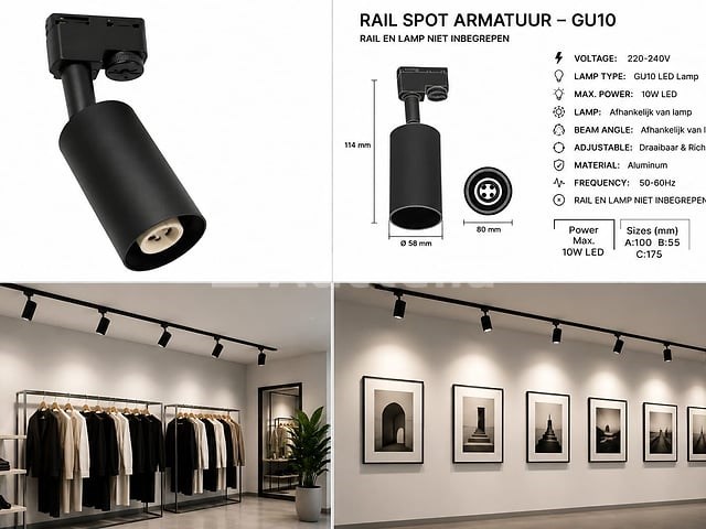10 x spot op richtbare rail – gu10 – ip20 – zwart – bazel - afbeelding 1 van  5