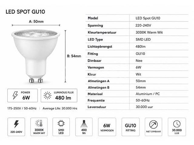 100 x led spot gu10 – 6w – 3000k warm wit – ip20 - afbeelding 2 van  4