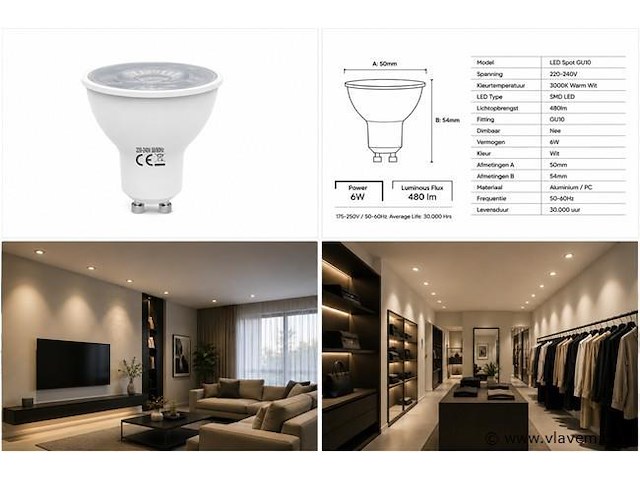 100 x led spot gu10 – 6w – 3000k warm wit – ip20 - afbeelding 4 van  4