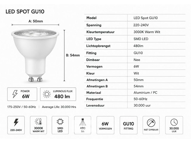 100 x led spot gu10 – 6w – 3000k warm wit – ip20 - afbeelding 4 van  5