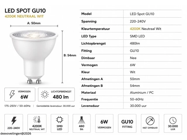 100 x led spot gu10 – 6w – 4200k neutraal wit – ip20 - afbeelding 4 van  5