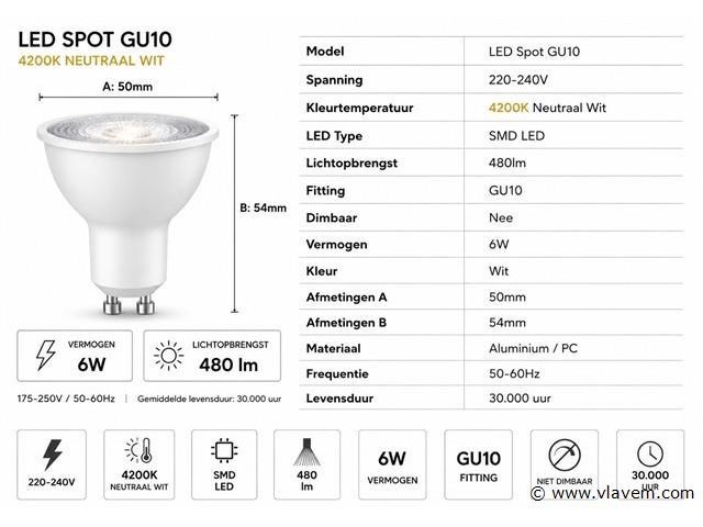 100 x led spot gu10 – 6w – 4200k neutraal wit – ip20 - afbeelding 3 van  4