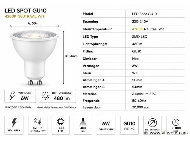 100 x led spot gu10 – 6w – 4200k neutraal wit – ip20 - afbeelding 3 van  4