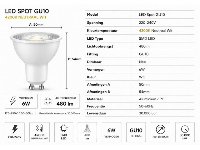 100 x led spot gu10 – 6w – 4200k neutraal wit – ip20 - afbeelding 4 van  5