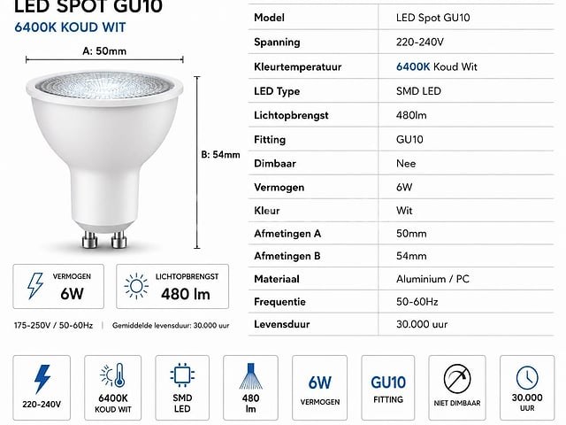 100 x led spot gu10 – 6w – 6400k koud wit – ip20 - afbeelding 3 van  4