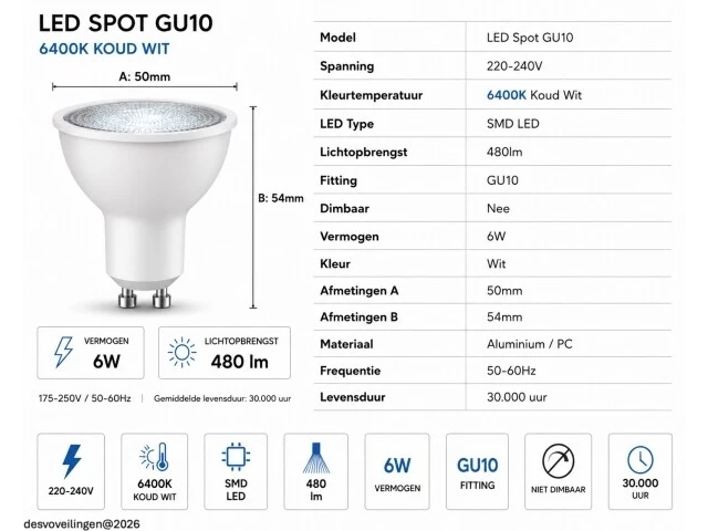 100 x led spot gu10 – 6w – 6400k koud wit – ip20 - afbeelding 4 van  5