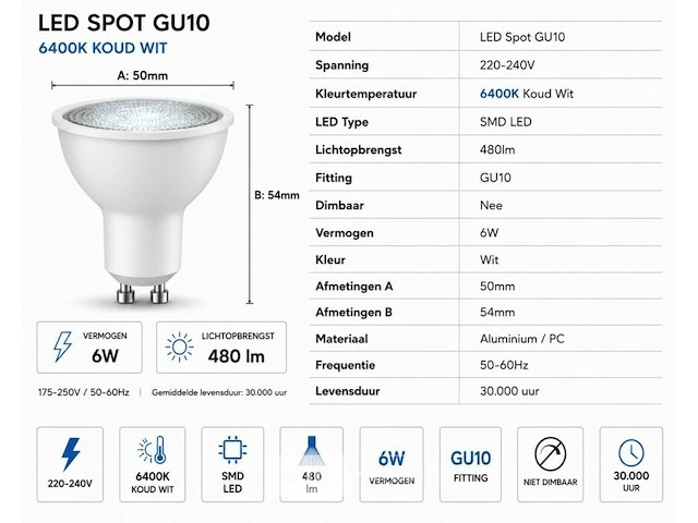 100 x led spot gu10 – 6w – 6400k koud wit – ip20 - afbeelding 4 van  5