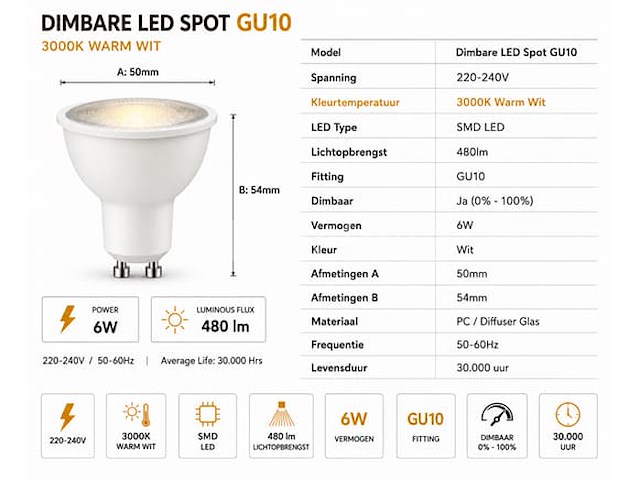 100 x led spot gu10 – 6w – dimbaar – 3000k warm wit – ip20 - afbeelding 1 van  4