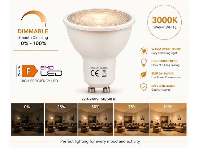 100 x led spot gu10 – 6w – dimbaar – 3000k warm wit – ip20 - afbeelding 1 van  4