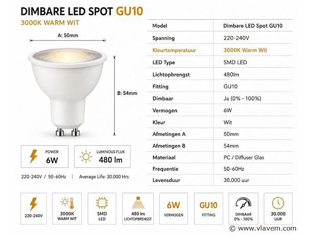 100 x led spot gu10 – 6w – dimbaar – 3000k warm wit – ip20 - afbeelding 3 van  4