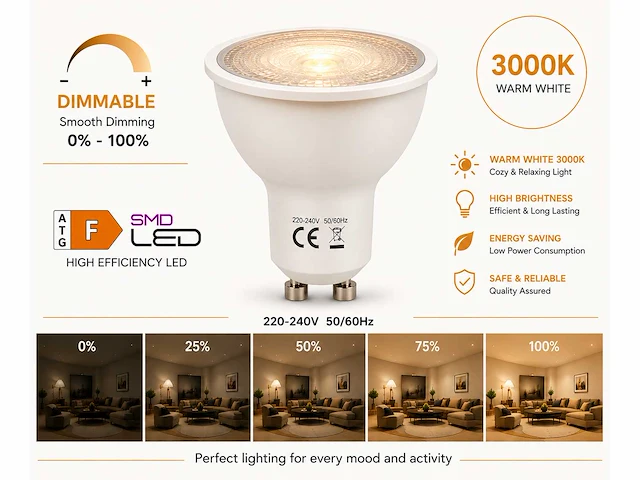 100 x led spot gu10 – 6w – dimbaar – 3000k warm wit – ip20 - afbeelding 1 van  4