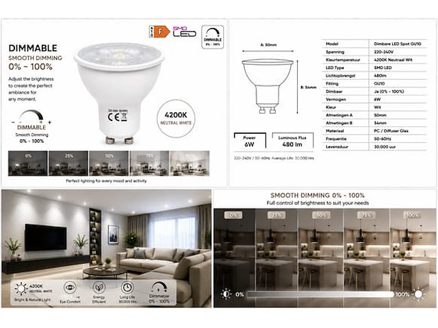 100 x led spot gu10 – 6w – dimbaar – 4200k neutraal wit – ip20 - afbeelding 4 van  4