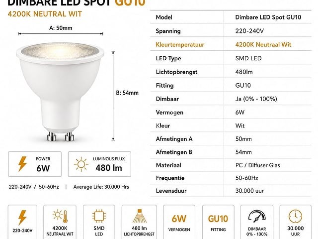 100 x led spot gu10 – 6w – dimbaar – 4200k neutraal wit – ip20 - afbeelding 2 van  4