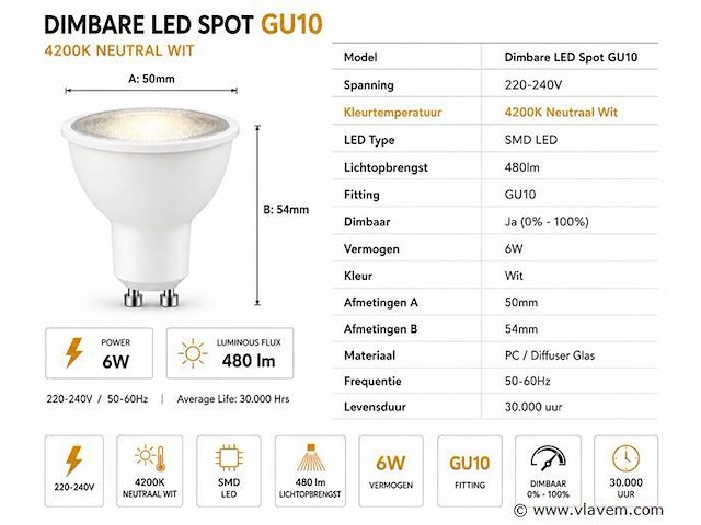 100 x led spot gu10 – 6w – dimbaar – 4200k neutraal wit – ip20 - afbeelding 3 van  4
