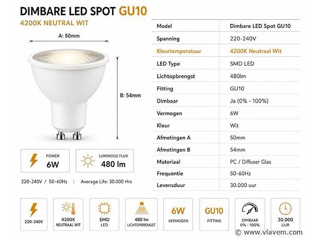 100 x led spot gu10 – 6w – dimbaar – 4200k neutraal wit – ip20 - afbeelding 3 van  4
