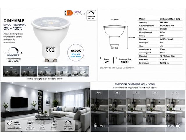 100 x led spot gu10 – 6w – dimbaar – 6400k koud wit – ip20 - afbeelding 2 van  4