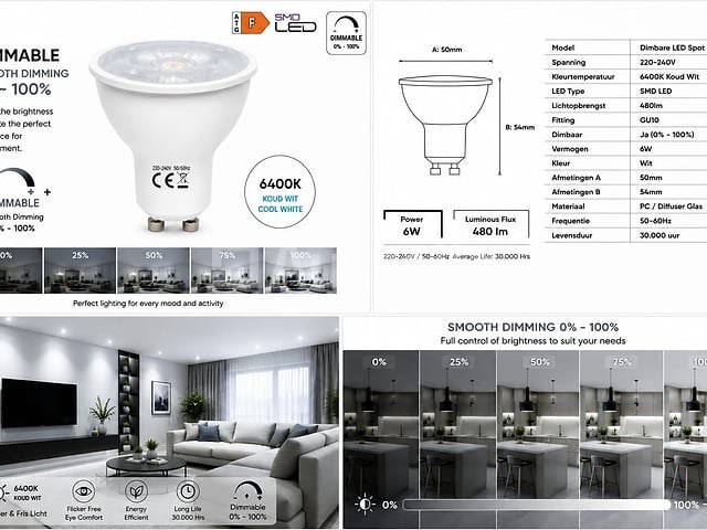 100 x led spot gu10 – 6w – dimbaar – 6400k koud wit – ip20 - afbeelding 1 van  4